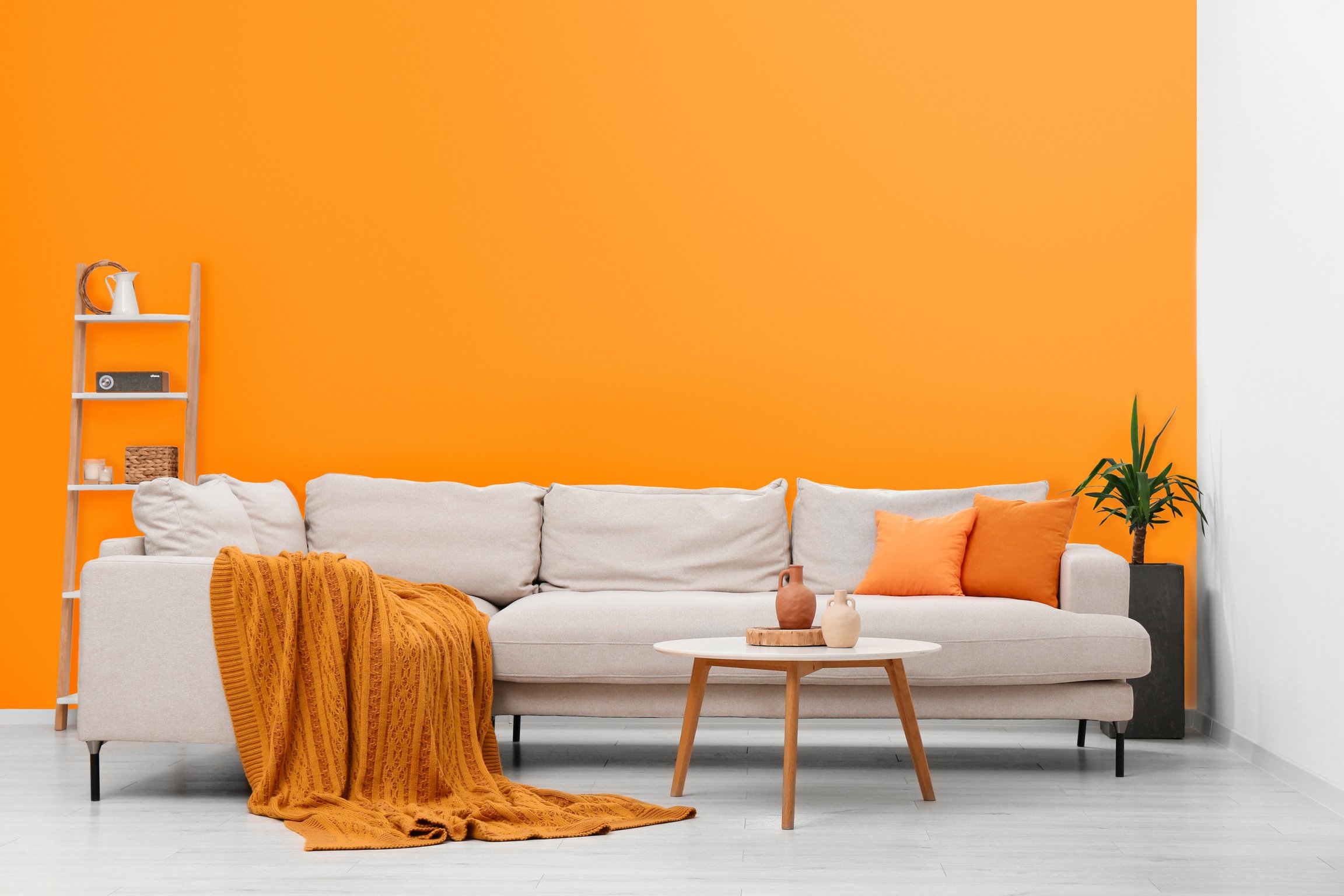 Stylish Sofa and Coffee Table in Room with Orange Walls. Interior Design